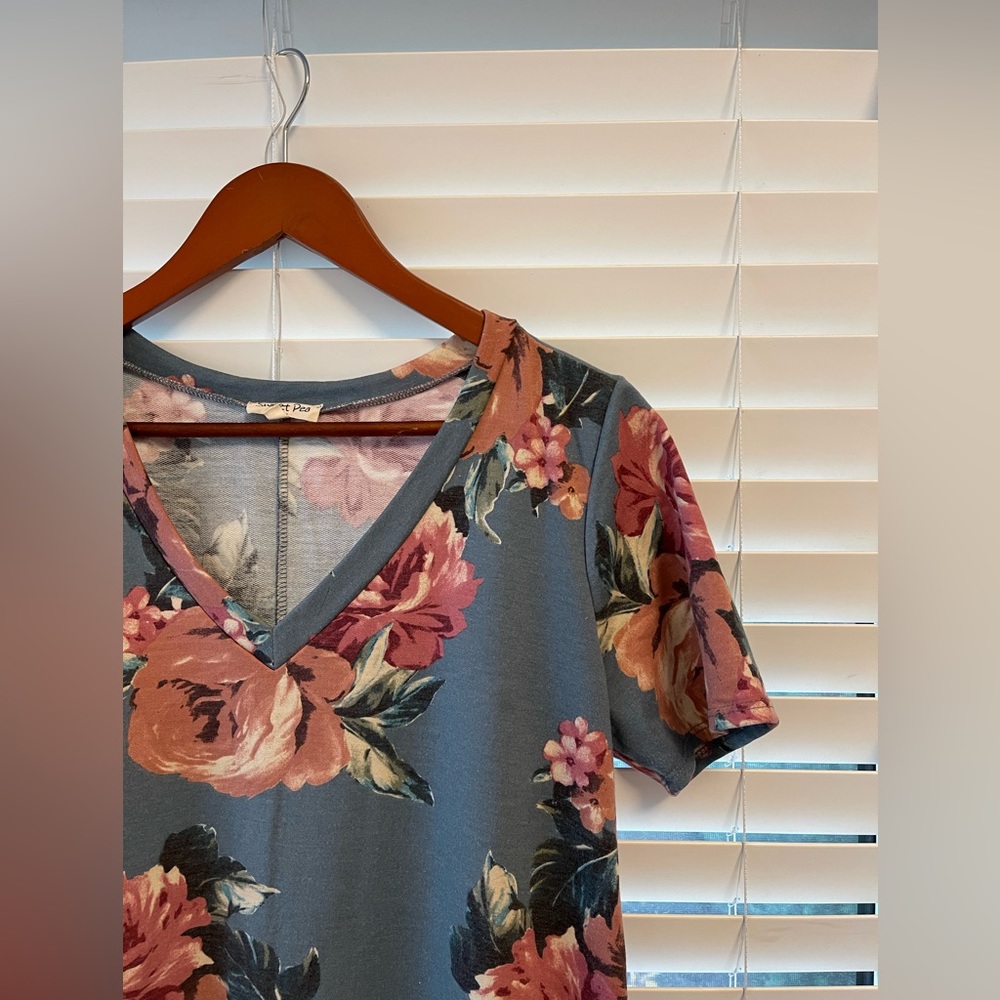 Blue + Pink Flowered Dress with Pockets